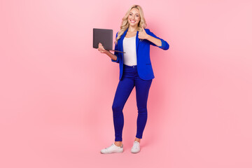 Poster - Photo of business lady browse small netbook raise thumb finger up wear smart casual outfit isolated pink color background