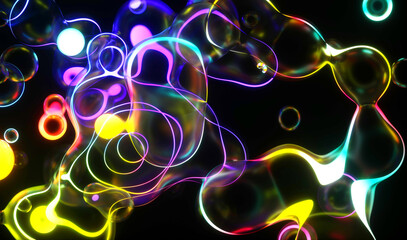 3d render 3d background with surreal bubbles spheres in deformation motion process in dark transparent plastic material with neon laser plasma glowing round curve lines in rainbow color on black