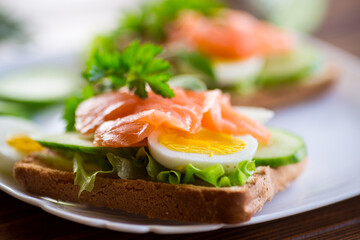 Wall Mural - fried toast with lettuce, egg, cucumbers and red fish in a plate.