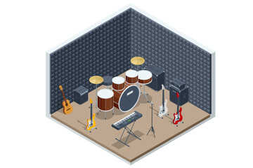 Wall Mural - Isometric recording studio and soundproof wall texture. Drum kit with drums and cymbals. Synthesizer analog sound