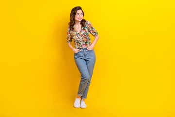 Poster - Full body photo cadre of dreaming funky girl wear spring flowers print posing look novelty shopping day isolated on yellow color background