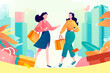 © lin - Girls are shopping with houses and plants in the background, vector illustration