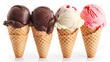 Ice cream scoops in cones with chocolate, vanilla and strawberry isolated on white background. Generative AI