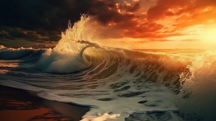 Wall Mural - Sea storm waves during sunset