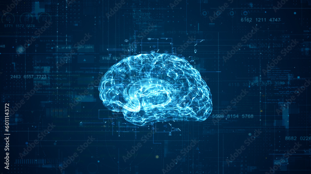 3D blue particle brain logo with artificial intelligence (AI) and grid ...