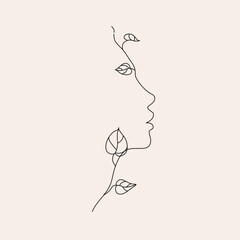 Line art Minimalist Woman Face with Leaves. Nature concept cosmetics logo. Line drawing the female profile of beauty botanical sign