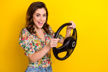 Sticker - Photo of cute impressed lady wear retro flower print blouse rising car empty space isolated yellow color background