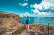 Sporty woman enjoys the picturesque view of the beautiful foothills of Madeira Island. São Lourenço, Madeira Island, Portugal, Europe.