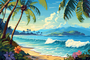 Wall Mural - Drawing tropical beach summer background. Graphic illustration design. Generative ai.