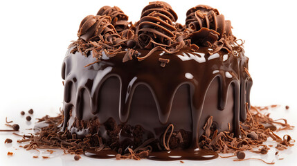 Wall Mural - Chocolate Cake with Chocolate Fudge Drizzled Icing and Chocolate Curls Isolated on White Backdrop. Generative AI