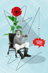 Sticker - Vertical artwork collage of astonished black white colors grandfather sit chair hold rod catch communication bubble huge flower