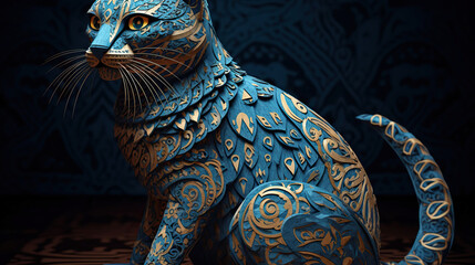 Feline Illusion, A Cut Paper Exotic Cat with Intricate Ornate Patterns and Shadow Play. Generative AI