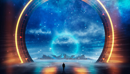 Wall Mural - fantasy neon futuristic landscape time portal.