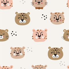Wall Mural - Seamless pattern with wild cheetah faces.