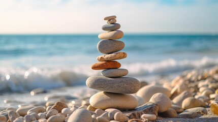 Wall Mural - Stack of balanced stones on the beach