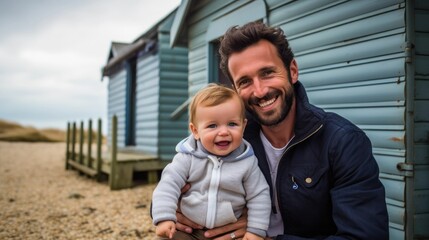 Wall Mural - Happy father and toddler son at beach hut