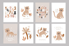 Set Of Posters With Cute Cheetahes, Alphabet And Numbers