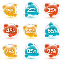 Canvas Print - sale icon, logo or label set. 3d abstract liquid shape design. 15, 25, 35, 45, 55, 65, 75, 85, 95 pr