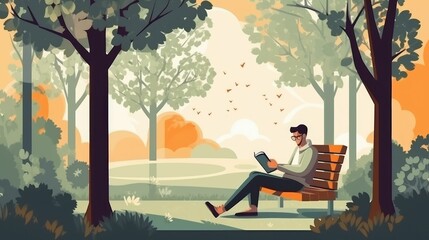 Young man reading a book in the park under the tree