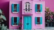 A pink and blue doll house with blue shutters. Generative AI image.