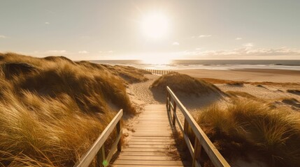 Path to North sea beach in gold sunshine