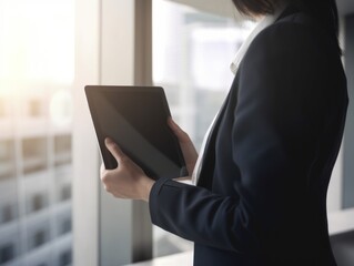 Wall Mural - A woman in a business suit holding a tablet computer. Generative AI image.