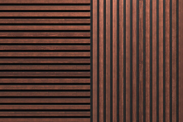 A wall of wooden slats in the color of dark wood with a pattern of wall panels in the background