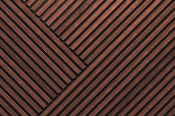 a wall of wooden slats in the color of dark wood with a pattern of wall panels in the background