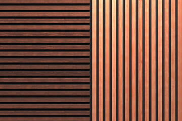 A wall of wooden slats in the color of natural light wood and dark wood with a pattern of wall panels in the background