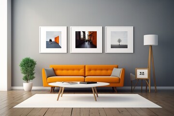 minimal design apartment, a wall with two or three picture frames, a modern living room, colorful furniture