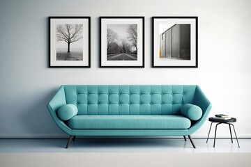 minimal design apartment, a wall with two or three picture frames, a modern living room, colorful furniture