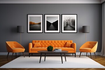 minimal design apartment, a wall with two or three picture frames, a modern living room, colorful furniture