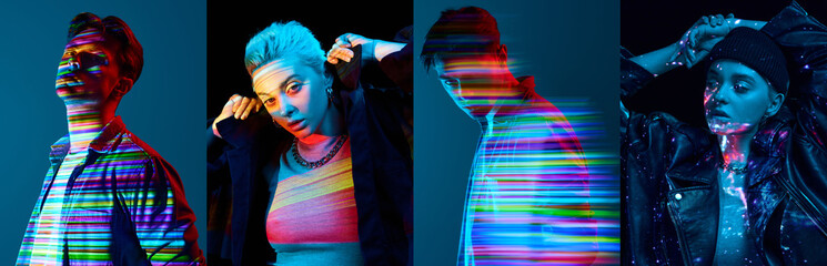 collage. young people, man and woman with digital neon filter with multicolored lights reflection on