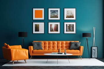 Wall Mural - minimal design apartment, a wall with 4-5-6 and more picture frames, a modern living room, colorful furniture