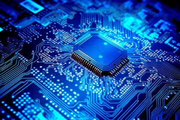 Poster - Technology chip circuit board background, futuristic generative ai illustration of microchip processor with lights