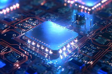 Poster - Technology chip circuit board background, futuristic generative ai illustration of microchip processor with lights