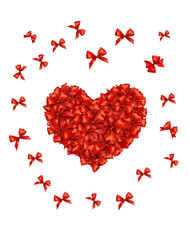 Leinwandbilder - Festive card with beautiful red bows folded in the shape of a heart. Red bows collected in the shape of a heart. Gift sale concept. Vector.