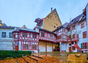 Sticker - Courtyard of Museum of Cultures Basel with historic half-timbered houses, Basel, Switzerland