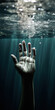 © ADDICTIVE STOCK - Generative AI illustration of despair drowning male hand underwater in dark see under splashes and bubbles with sun rays