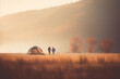 © ADDICTIVE STOCK - Generative AI illustration of unrecognizable friends camping at campsite standing near portable tent in summer field at sunset