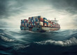 © ADDICTIVE STOCK - AI generating illustration with a picturesque image of a loaded old cargo ship sailing on a turbulent, undulating dark sea under a background of cloudy sky