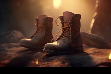 Generative Ai Illustration Of Forgotten Pair Of Trendy Brown Leather Boots Lying On Rock Surface At Sundown In Campsite