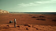 © ADDICTIVE STOCK - Generative AI image back view of unrecognizable astronaut standing near rocks and cart with tools while looking away at mountains and landscape on planet in sunlight