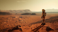 Generative AI Image Back View Of Unrecognizable Astronaut Standing Near Rocks And Cart With Tools While Looking Away At Mountains And Landscape On Planet In Sunlight