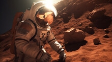 Generative AI Image Of Anonymous Spaceman In Helmet And Space Suit Standing Near Rocky Formation And Collecting Samples With Gloves On A Distant Planet