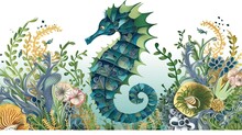 A Seahorse Swimming In The Ocean Surrounded By Seaweed And Other Marine Life.paper - Cut Art, Paper Illustrations .generative Ai