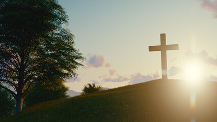 Poster - Silhouettes of Crucifix symbol on top mountain with Bright Sunbeam on the colorful sky background. 3d rendering