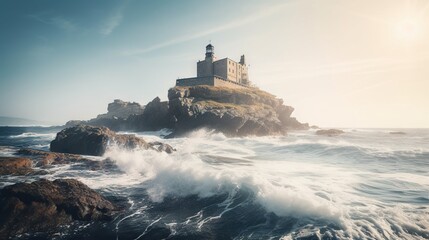 Poster -  a lighthouse on an island surrounded by waves in the ocean.  generative ai