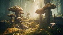  A Group Of Mushrooms In A Forest With Sunlight Coming Through The Trees.  Generative Ai