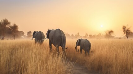 Sticker -  a herd of elephants walking across a dry grass field at sunset.  generative ai